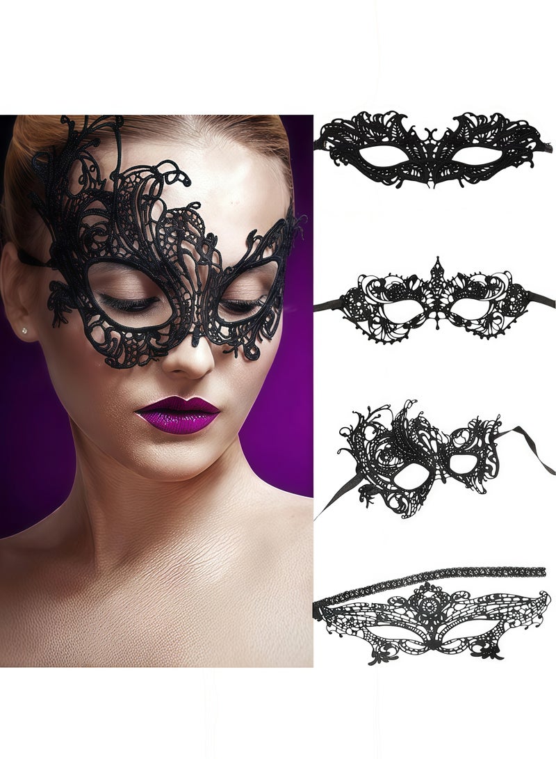 4 قطع من قناع العين من الدانتيل للنساء، أقنعة تنكرية للوجه الغامض قناع عين فينيسي لحفلات الكرنفال، أسود - Image 1